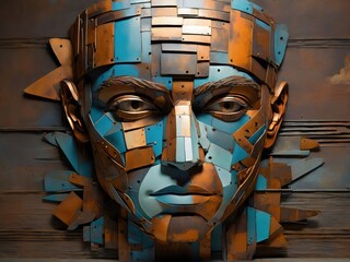 cubism man face made out of rusty metal plates, 