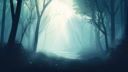 beautiful nature landscape, misty forest background illustration - obrazy, fototapety, plakaty