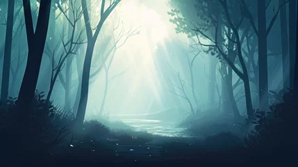 Fotobehang beautiful nature landscape, misty forest background illustration © Feri Anggriawan