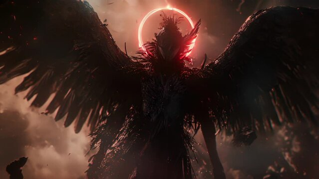 A shadowy seraph with glowing red eyes its wings made of rusted metal and its halo flickering in and out of existence.