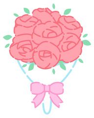 赤いバラの花束のイラスト(ピンクリボン)	