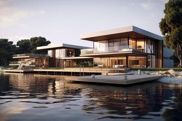 Obraz premium A premium and luxury houseboat or lake-side villa