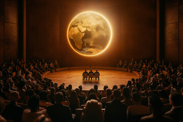 Fototapeta na wymiar hologram of planet Earth in the middle of a group of people sitting