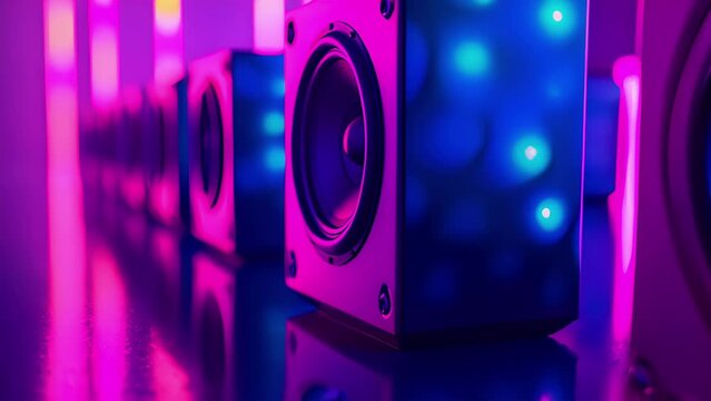 A mesmerizing shot of a row of speakers lined up on a stage each one glowing with a colorful neon light and pulsing to the infectious rhythm of the music.