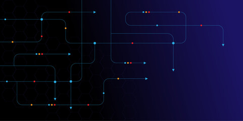 Vectors Technology blue background. Network technology and Connection concept. Circuit connects lines and dots. Decentralized network nodes connections.