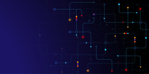 Vectors Technology blue background. Network technology and Connection concept. Circuit connects lines and dots. Decentralized network nodes connections.