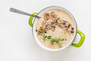 mushroom cream soup on white background
