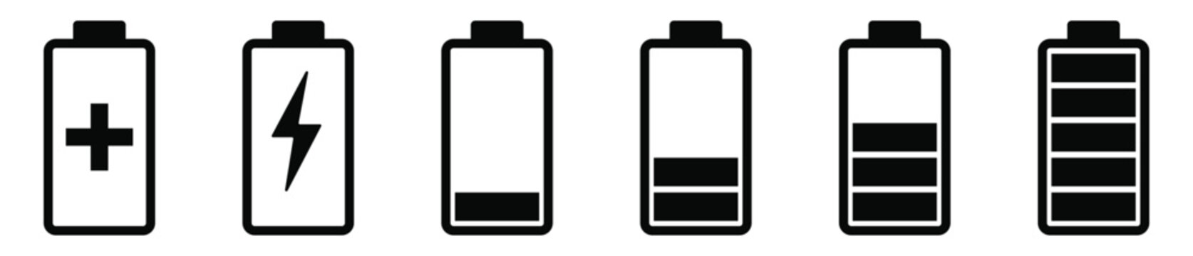 Battery GSM icon set. Isolated black smartphone battery level indicator icons on white background. Concept power, energy, low , full, emplty, load. UI elements symbols. Vector design.