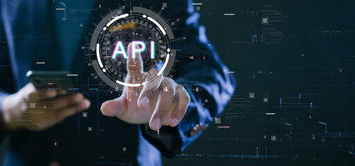 API Application Programming Interfaces. Developers use smartphones with apps that connect to API processed data and return it automatically. Technology concept data connection between software.