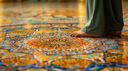 Obraz premium person is wearing blue pants, and their bare feet are prominently visible against the colorful backdrop