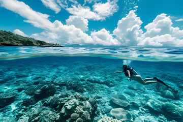 A boy and a person snorkeling in a transparent ocean seeing fishes and coral - obrazy, fototapety, plakaty