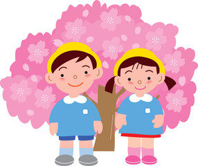 満開の桜と安全帽をかぶった園児
