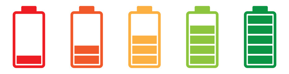 Set of vertical battery level indicators in percentage vector. Battery indicator symbols. 0-100 percent.
