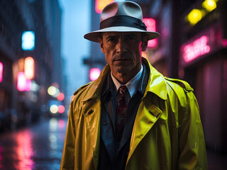 The man in the yellow trench coat and fedora stands on a rainy city street at night. He is wearing a suit and tie, and there are neon lights in the background.