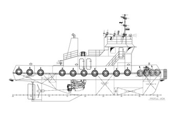 Illustration of a boat, frame with engine and propeller