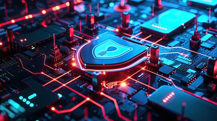 Obraz premium Interconnected Devices Safeguarded by a Digital Shield, Generative AI
