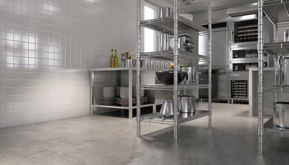 New, clean resin vinyl floor, white tile wall in commercial, industrial bakery kitchen, stainless...