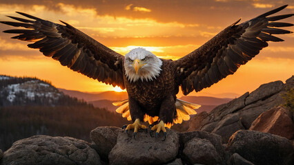 A bald eagle landing on a rocky outcrop against a backdrop of a fiery sunset and highlight the powerful wingspan and the precision with which it navigates the air - obrazy, fototapety, plakaty