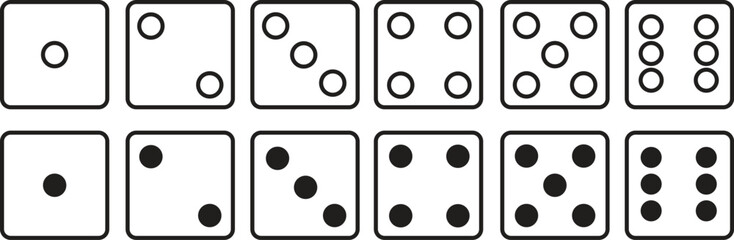 Dices linear Icons Set. Casino Dices from one to six Dots on transparent background. Excitement Symbols editable stock. Passion Logos. Gambling for casino equipment. Icons for fortune game player.