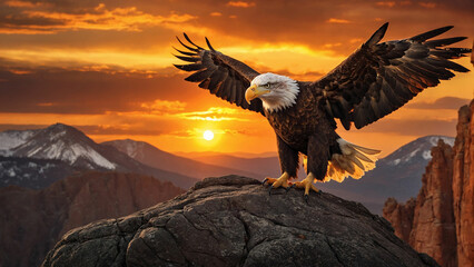 A bald eagle landing on a rocky outcrop against a backdrop of a fiery sunset and highlight the powerful wingspan and the precision with which it navigates the air