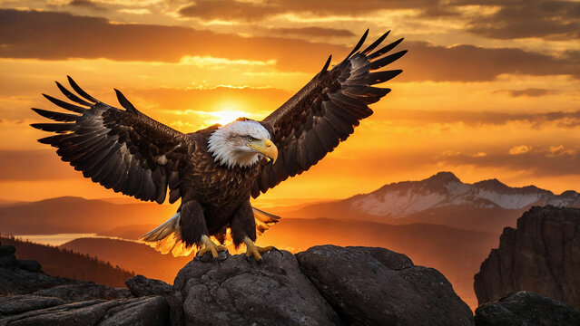 A bald eagle landing on a rocky outcrop against a backdrop of a fiery sunset and highlight the powerful wingspan and the precision with which it navigates the air