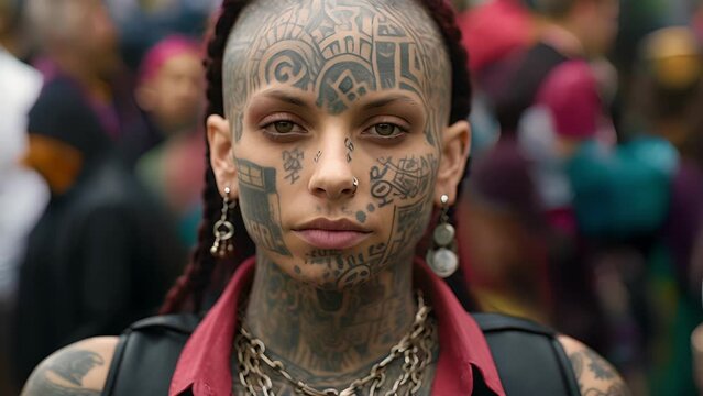 A person of indeterminable gender, with gauged earlobes and tattoos splayed across their neck and arms hold a placard an intricately woven tapestry of protest and personal expression.