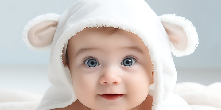 cute baby boy in bunny costume looking at camera.