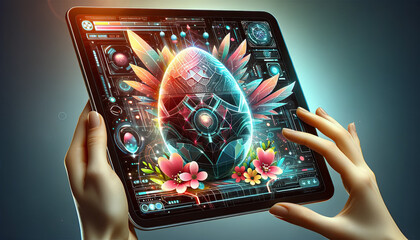 creation of digital Easter eggs. digital art Easter design. Easter cards with futuristic, tech-i