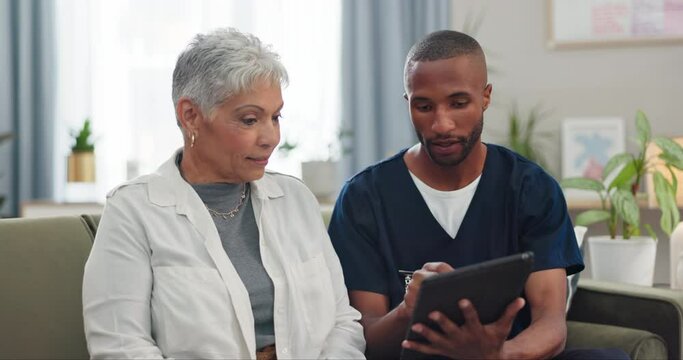 Homecare, tablet or nurse with senior woman on sofa for internet, help or checking sign up service guide for home consultation request. Digital, app and man caregiver showing patient options