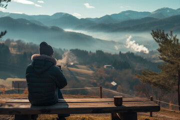 A traveler sits on a rustic wooden bench overlooking a serene mountain landscape, cradling a steaming cup of coffee