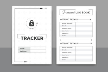 Password tracker daily planner log book design or KDP interior black and white note book and website security information journal diary template