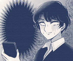 70sレトロ少女漫画イラスト・スマホを見て焦る美少年のバナー