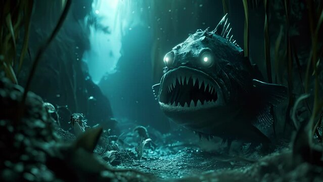In a dark and moody underwater cave a brooding Anglerfish delivers a standup routine to a crowd of mesmerized eels. I used to be a vegetarian he confesses but then I realized