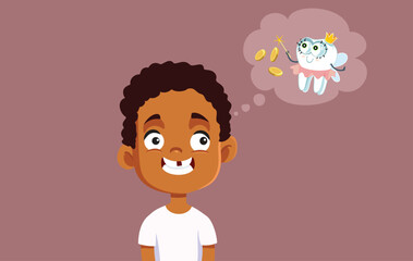 Boy Losing a Front Tooth Thinking of Tooth Fairy Tooth Vector illustration. Image of a young kid missing his primary teeth in growing process 
