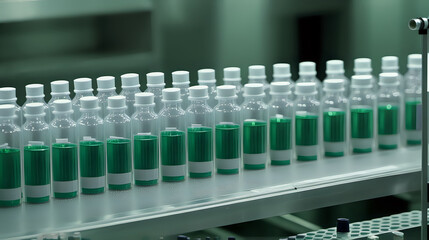 Bottle of various dietary supplements for health and beauty on production line in factory