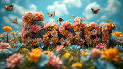Foto op Plexiglas word Easter made from flowers with fluttering butterflies and bees on sky background. Easter card © zamuruev
