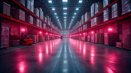 Fototapeta premium Warehouse - meticulous symmetry - low angle shot - shipping and receiving - logistics - port - in land port - warehousing - neon lighting 