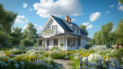 A charming detached house with a wrap-around porch, surrounded by wildflowers and a white wooden fence, in the countryside