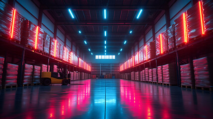 Fototapeta premium Warehouse - meticulous symmetry - low angle shot - shipping and receiving - logistics - port - in land port - warehousing - neon lighting 