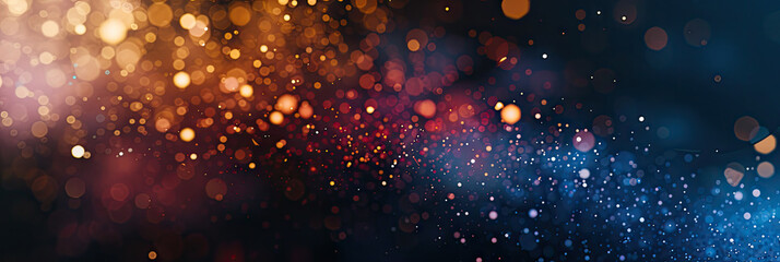 Fototapeta premium a blue yellow red green gold background with stars. Suitable for celestial, festive, or glamorous design , holiday-themed graphics.glitter lights. de focused. banner.bokeh blur circle