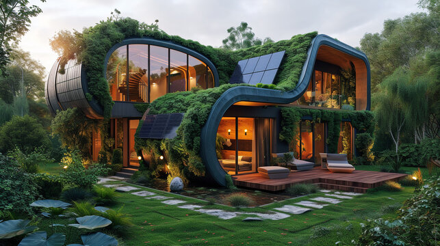 A futuristic detached house with solar panels, green living walls, and an integrated rainwater collection system, showcasing sustainability