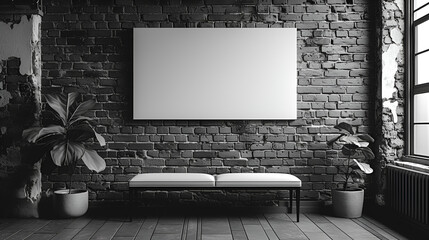 White board in empty room. - brick walls - vintage building - black and white - monochrome 
