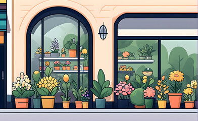 Cute Flower Shop View Illustration. 2D. Generative AI