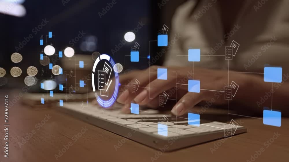 Aufkleber woman using laptop to document management concept, online documentation database and digital file st