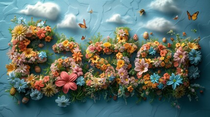 word Easter made from flowers with fluttering butterflies and bees on sky background. Easter card