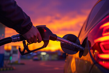 a gas station scene at dusk, with warm hues of orange and purple in the sky. The focus is on a close-up of a hand holding the fuel nozzle, inserted into the gas tank of a car - obrazy, fototapety, plakaty
