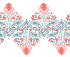 Vector festive seamless floral border for Valentines day. Decorative folk art frieze with symmetrical pink flowers, hearts and stems