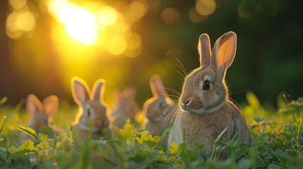 A group of wild rabbits foraging in a lush green meadow at sunrise