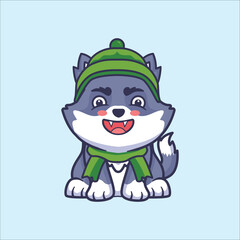 Cute wolf wear banies and scarf cartoon icon vector icon illustration
