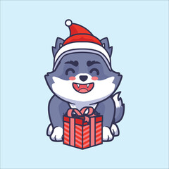 Cute wolf gets a gift cartoon icon vector illustration